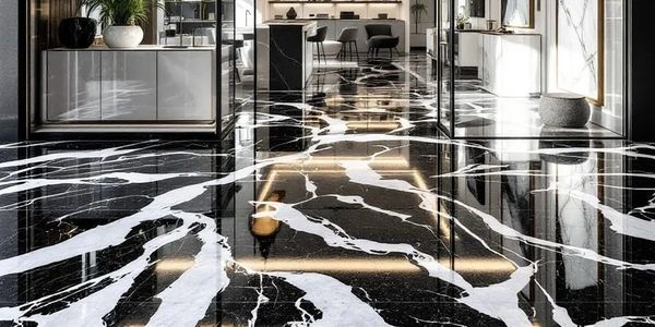Luxurious black and white marble floor in modern interior.