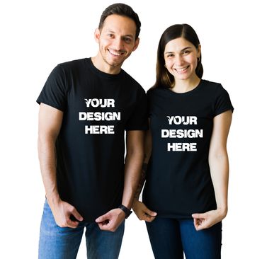 Smiling man and woman wearing black t-shirts with 'Your Design Here' text, posing together.