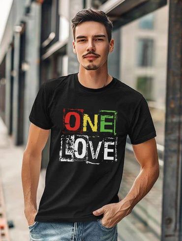 Young man wearing a black T-shirt with 'ONE LOVE' in colorful letters.