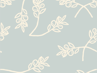 Light blue background with white botanical branch patterns.