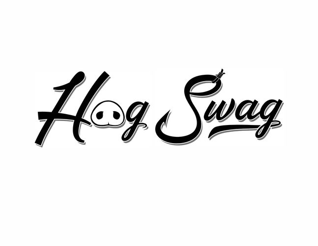 Stylish black and white logo reading 'Hog Swag' with pig nose and fishing hook accents.