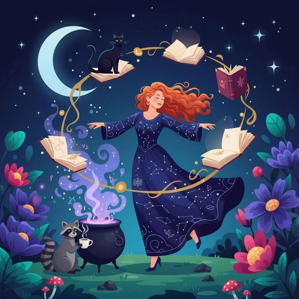 A witch dances with floating books and a raccoon beside a cauldron under the moon.