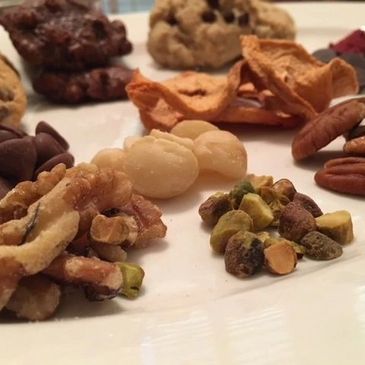 Walnuts, chocolate, pistachios, pecans, dehydrated apple