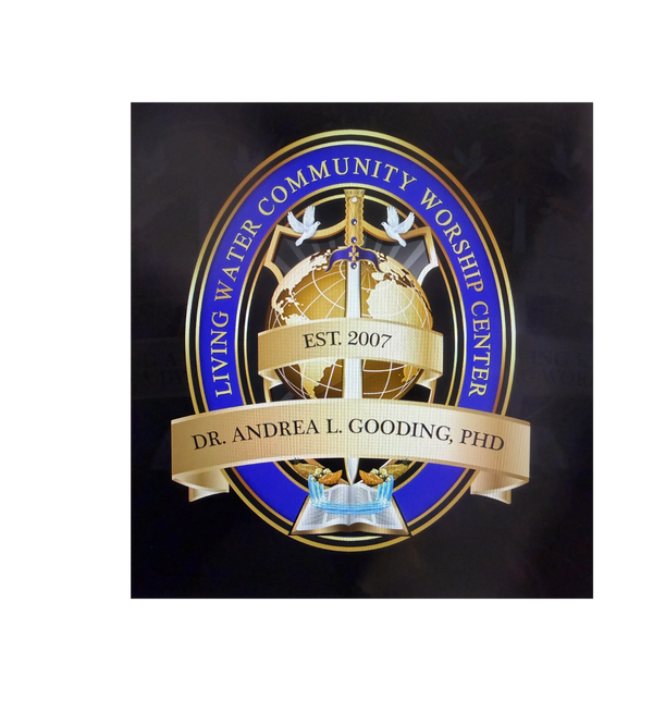 Logo of Living Water Community Worship Center with a sword, globe, doves, and open Bible.