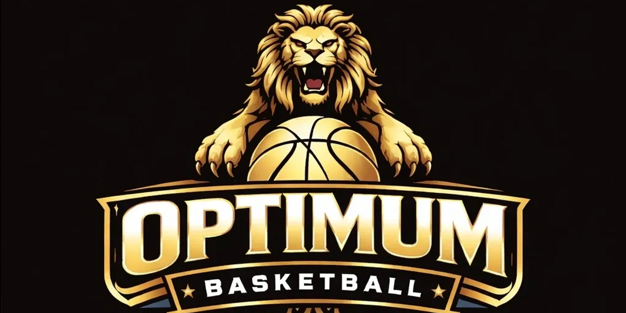 Golden lion gripping a basketball logo with 'Optimum Basketball' text.