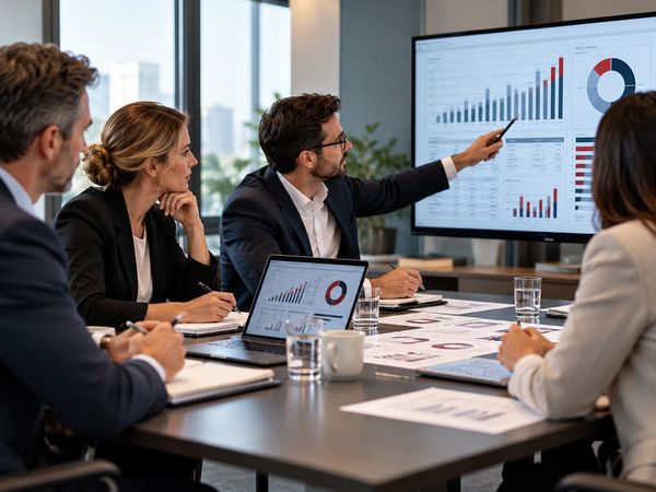 Business team analyzing data charts in a meeting.