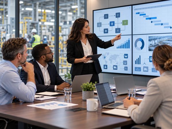 Businesswoman presents data charts to colleagues in a meeting.