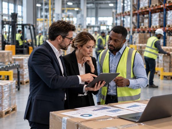 Three professionals discussing logistics in a warehouse.