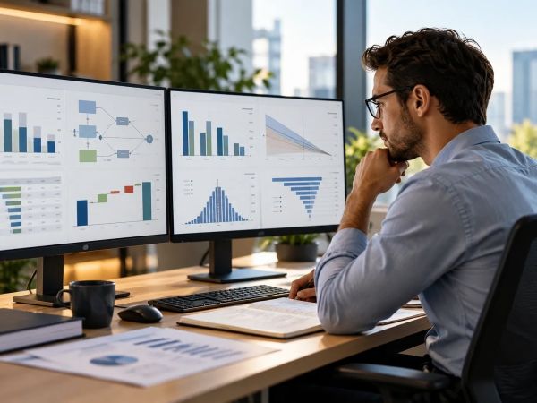 Man analyzing data on dual computer monitors.