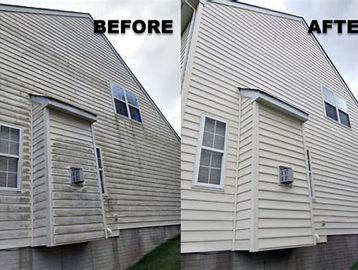 Before and after comparison of house siding cleaned to remove dirt and grime.