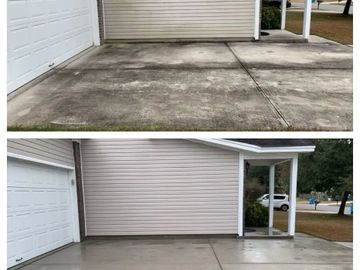 Before and after images showing driveway cleaning results.