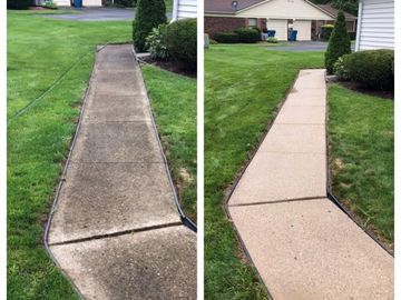 Side-by-side comparison of a dirty and clean concrete sidewalk.