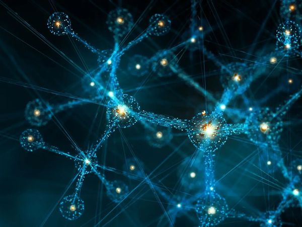 Abstract digital representation of a glowing blue neural network with interconnected nodes.