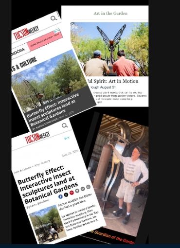 Collage of articles and photos about interactive insect sculptures in botanical gardens.