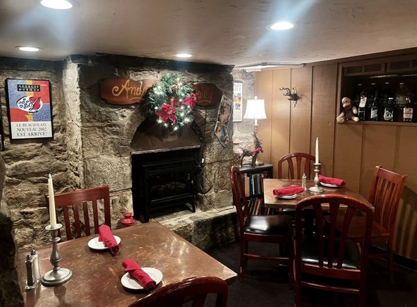 Fireplace and dining room