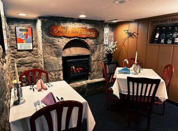 tables and fireplace