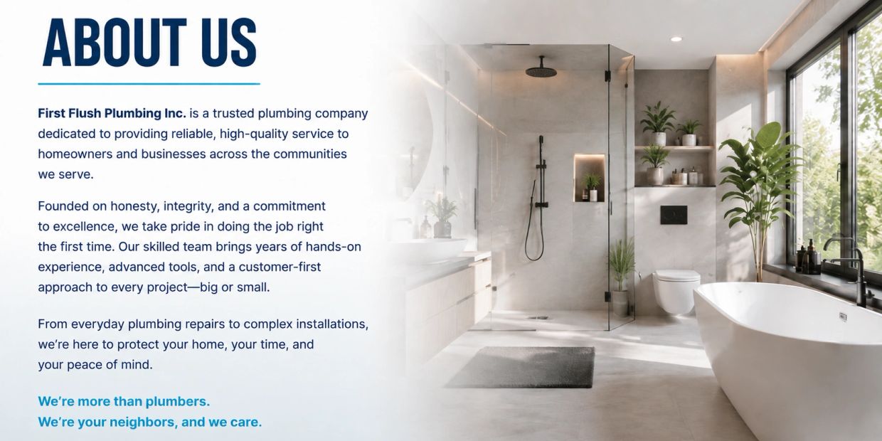 Modern bathroom with a bathtub, shower, plants, and large window next to plumbing company info.