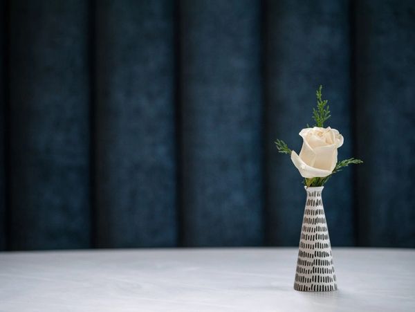 Single rose in a black and white bud vase, in front of a tufted dark blue banquette seating. 