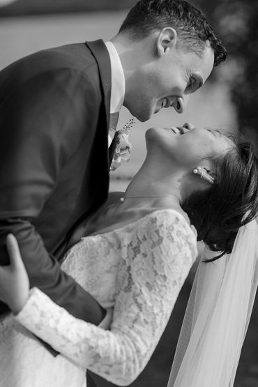 Bride and groom dip.