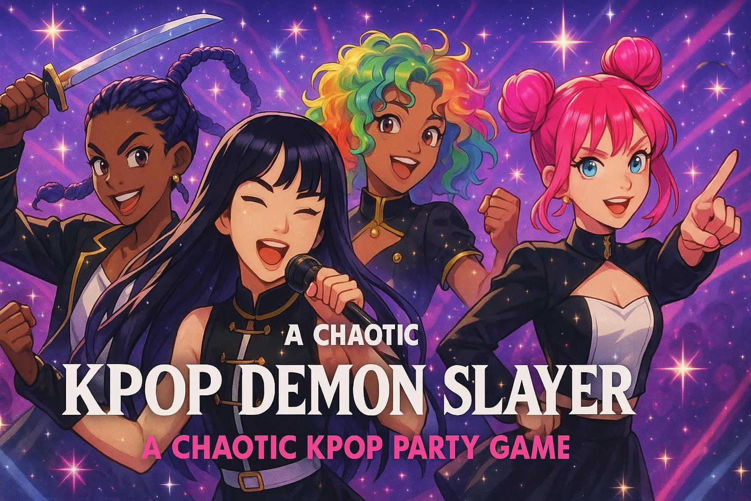 Colorful Kpop-inspired characters in a lively demon-slaying party game.