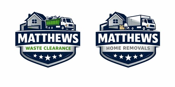 Logos for Matthews Waste Clearance and Home Removals featuring trucks and houses.