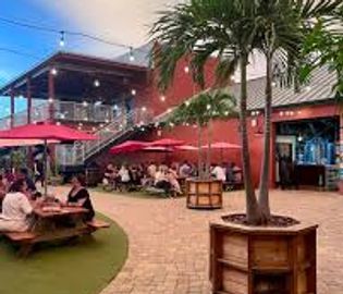 Outdoor dining area with palm trees and string lights in the evening.