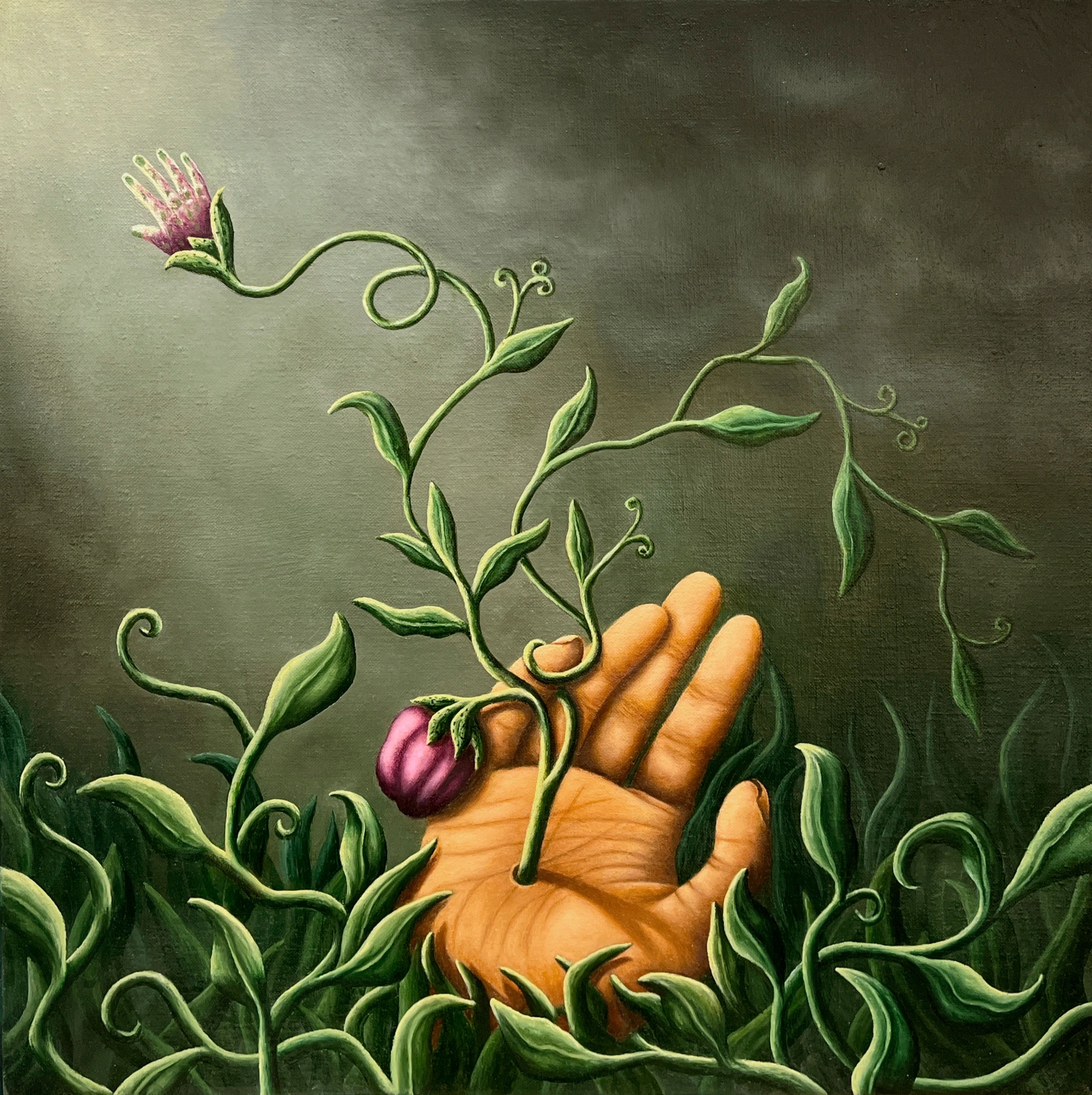 vines, plant, entangled, hand, atmospheric, purple flower,  nature, magical realism, surrealism