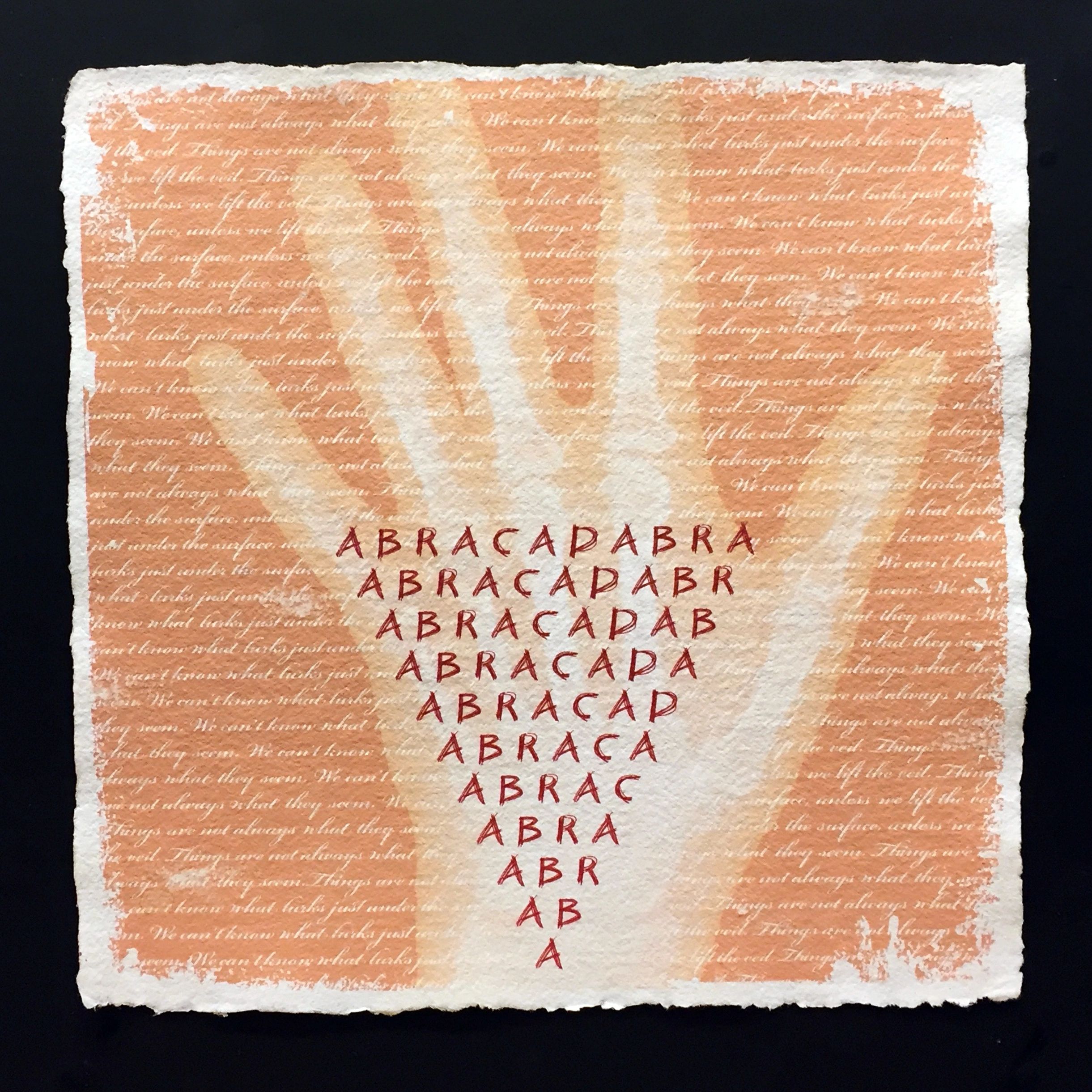 Digital print paper skeleton hand pink text background abracadabra nature magical realism surrealism