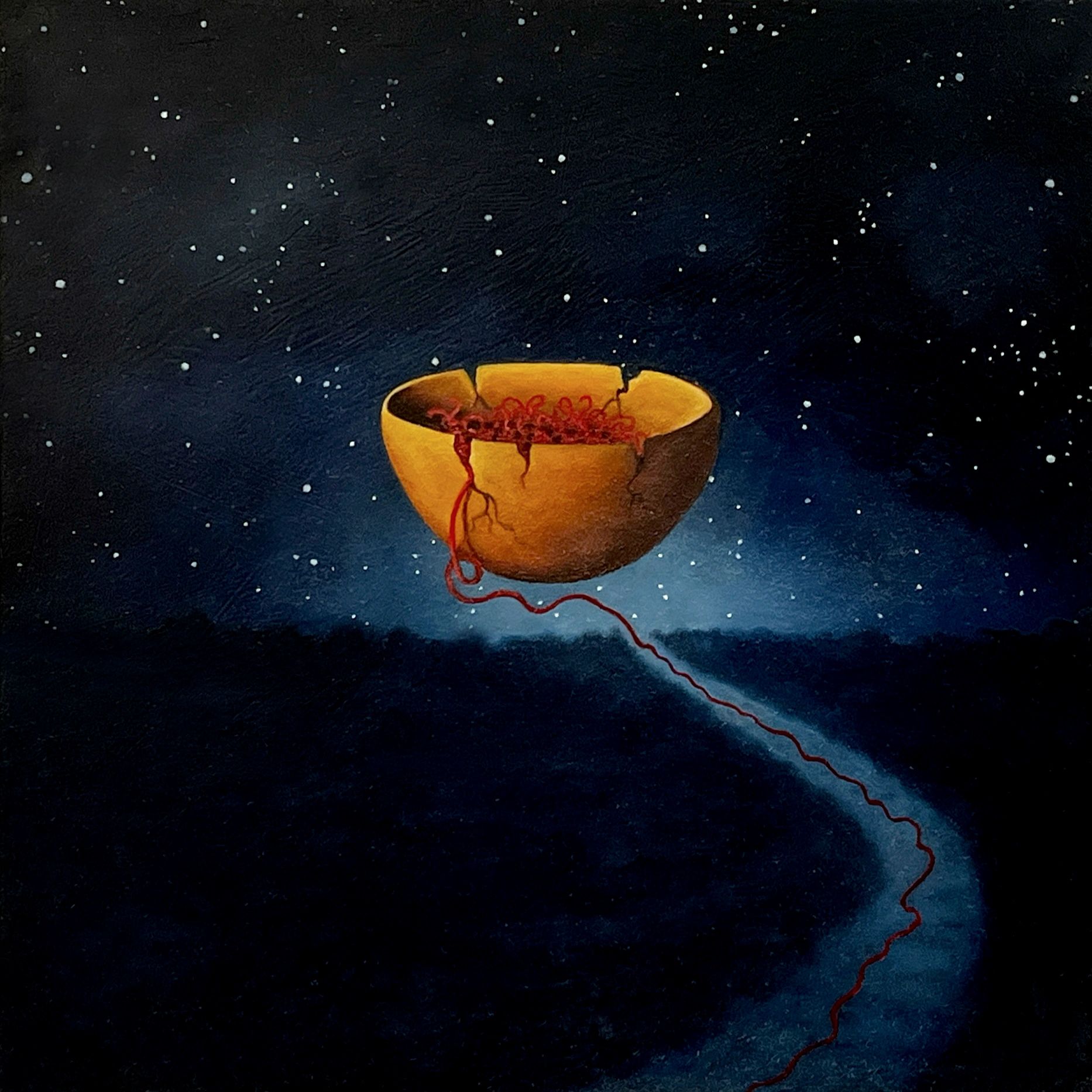 deep blue, starry sky, landscape path, trees, large clay bowl, red string on path, nature, magical r