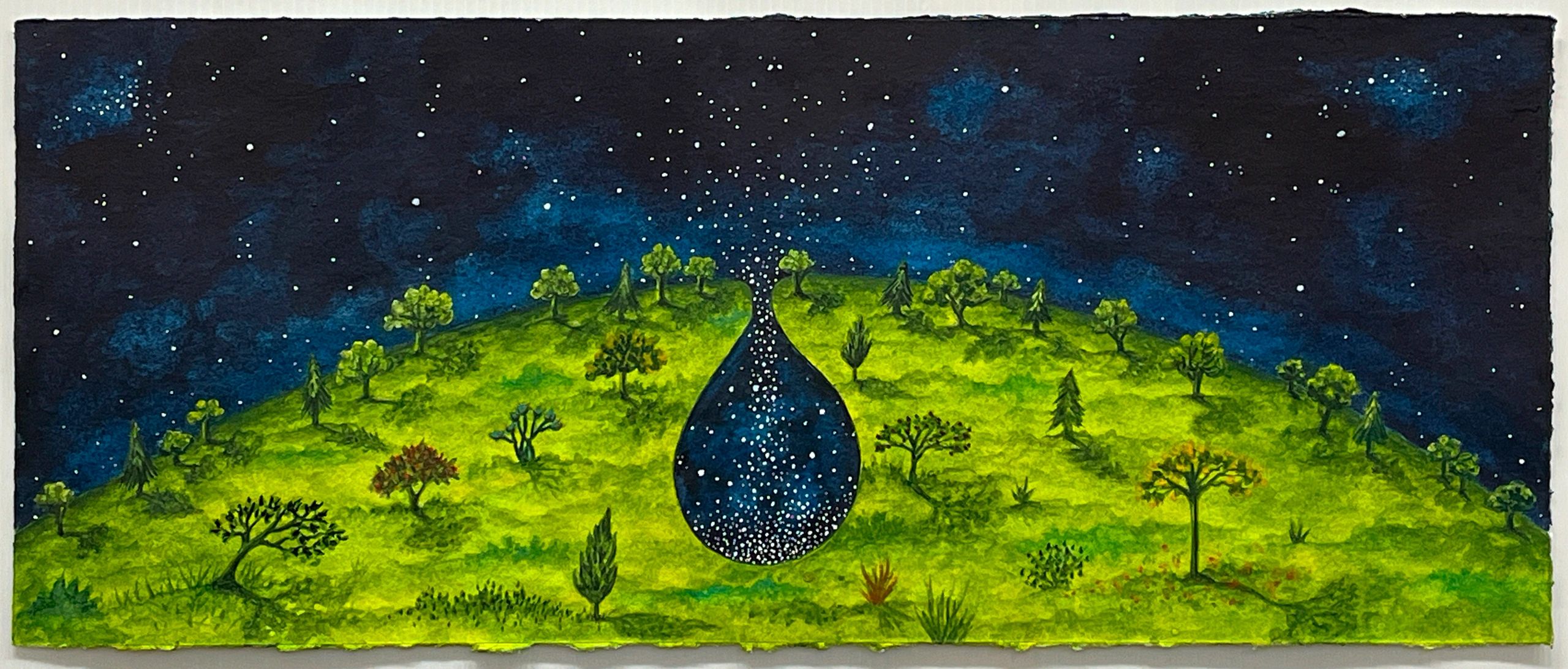 deep blue, starry sky, green hill, trees, landscape,  nature, magical realism, surrealism