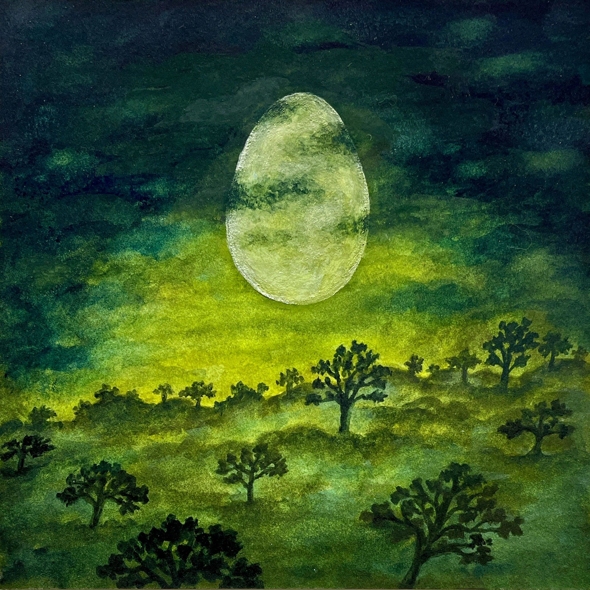 Green sky, atmospheric, trees, floating silver egg, landscape,  nature, magical realism, surrealism