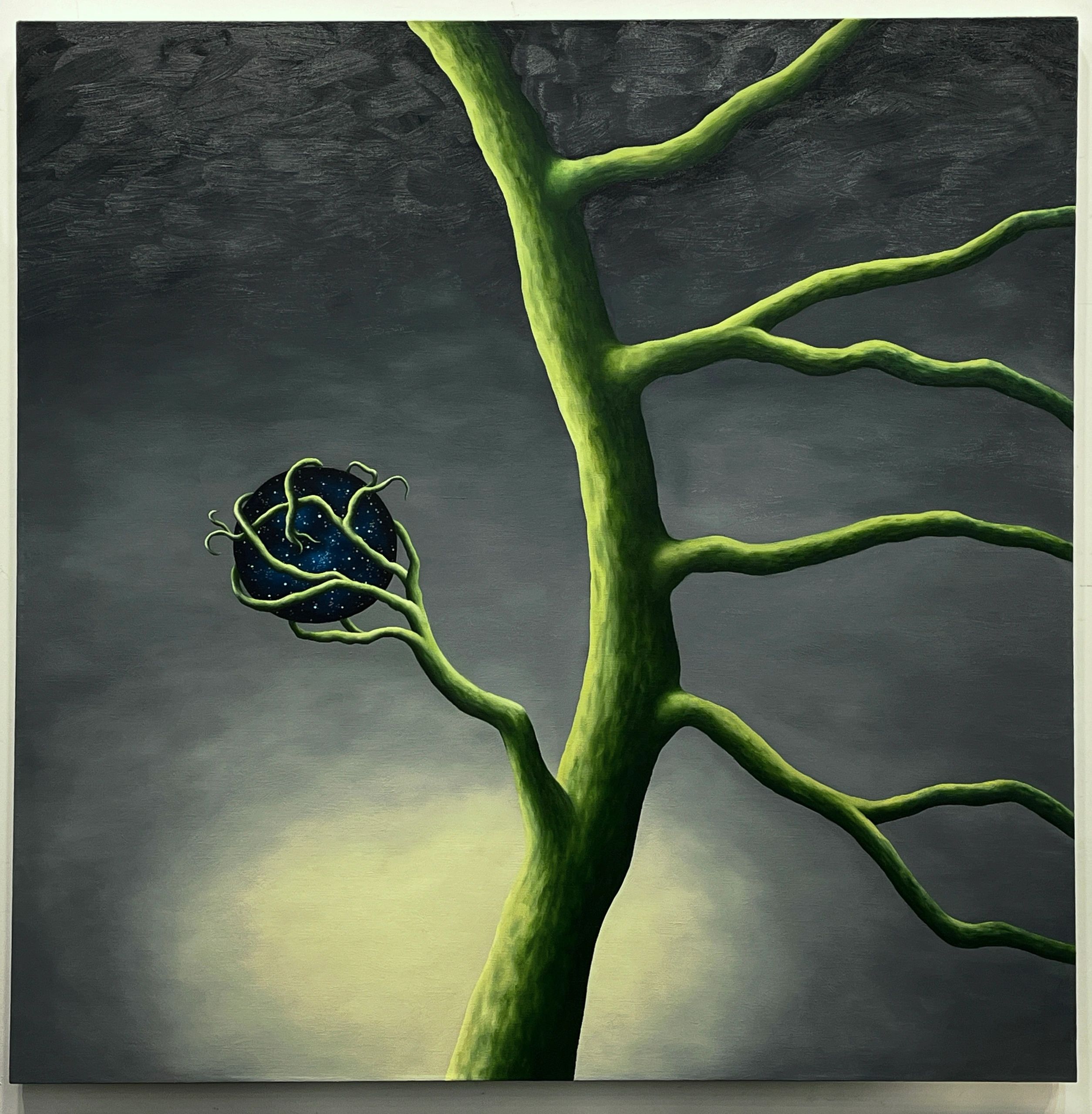 Green, tree limbs, starry sky ball, dark atmospheric background, nature, magical realism, surrealism