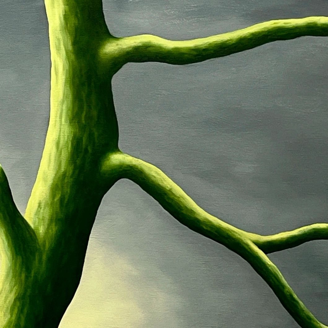 Green, tree limbs, starry sky ball, dark atmospheric background, nature, magical realism, surrealism