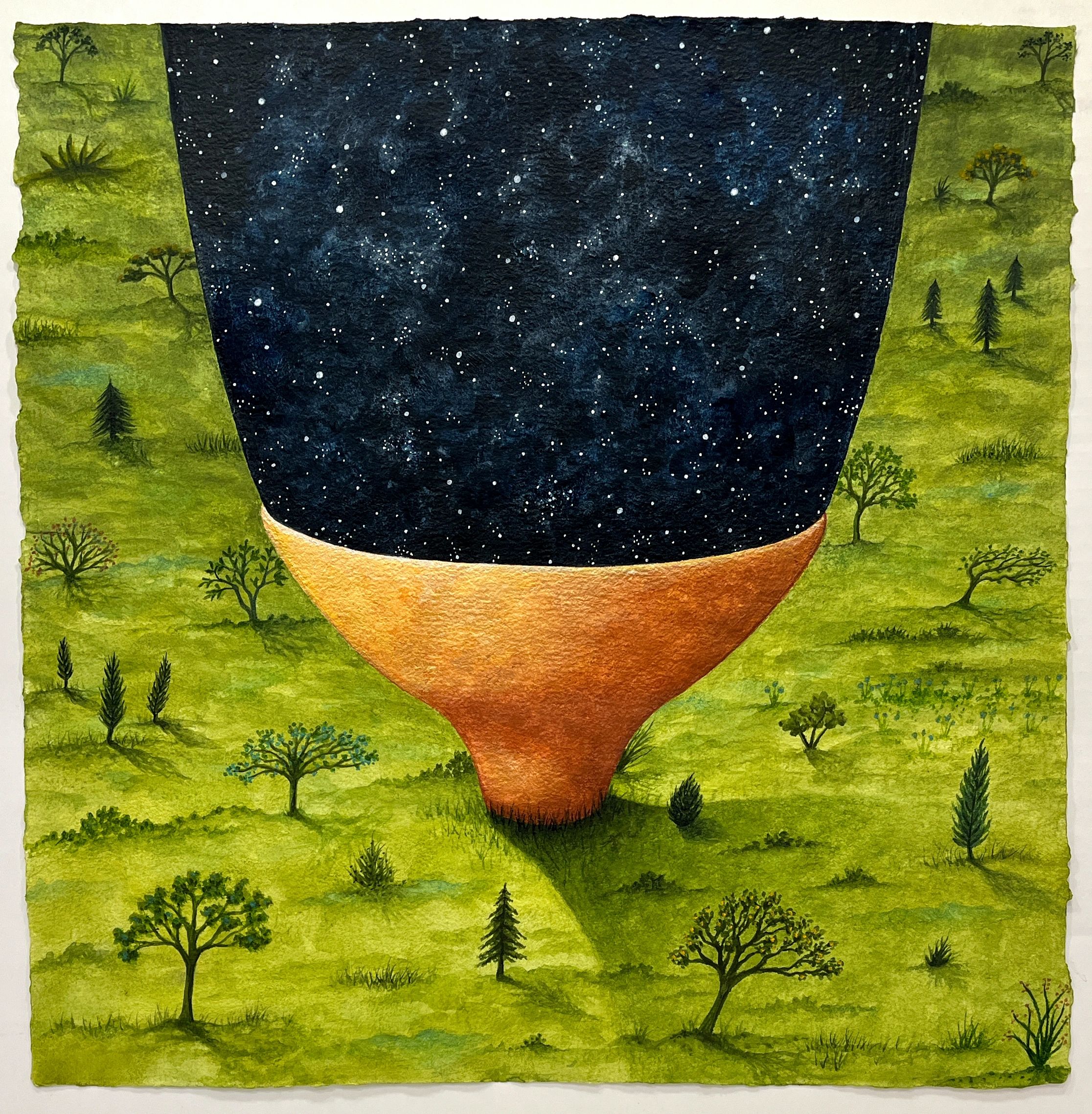Green Field Trees, Stars pouring into copper bowl , dark atmospheric background, nature, magical rea