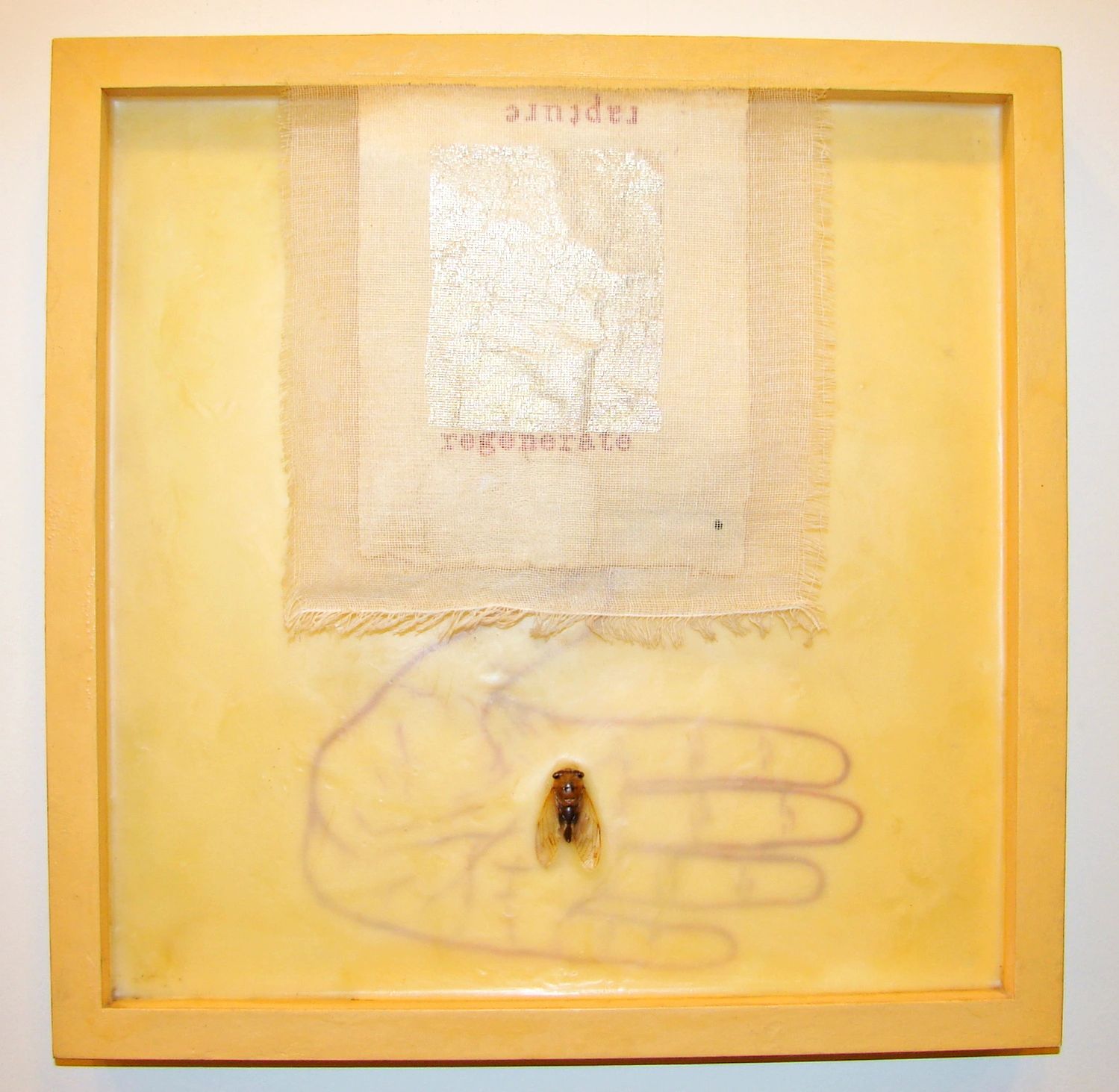 encaustic & oil painting deep yellow  gold floating cicada hand magical realism surrealism nature