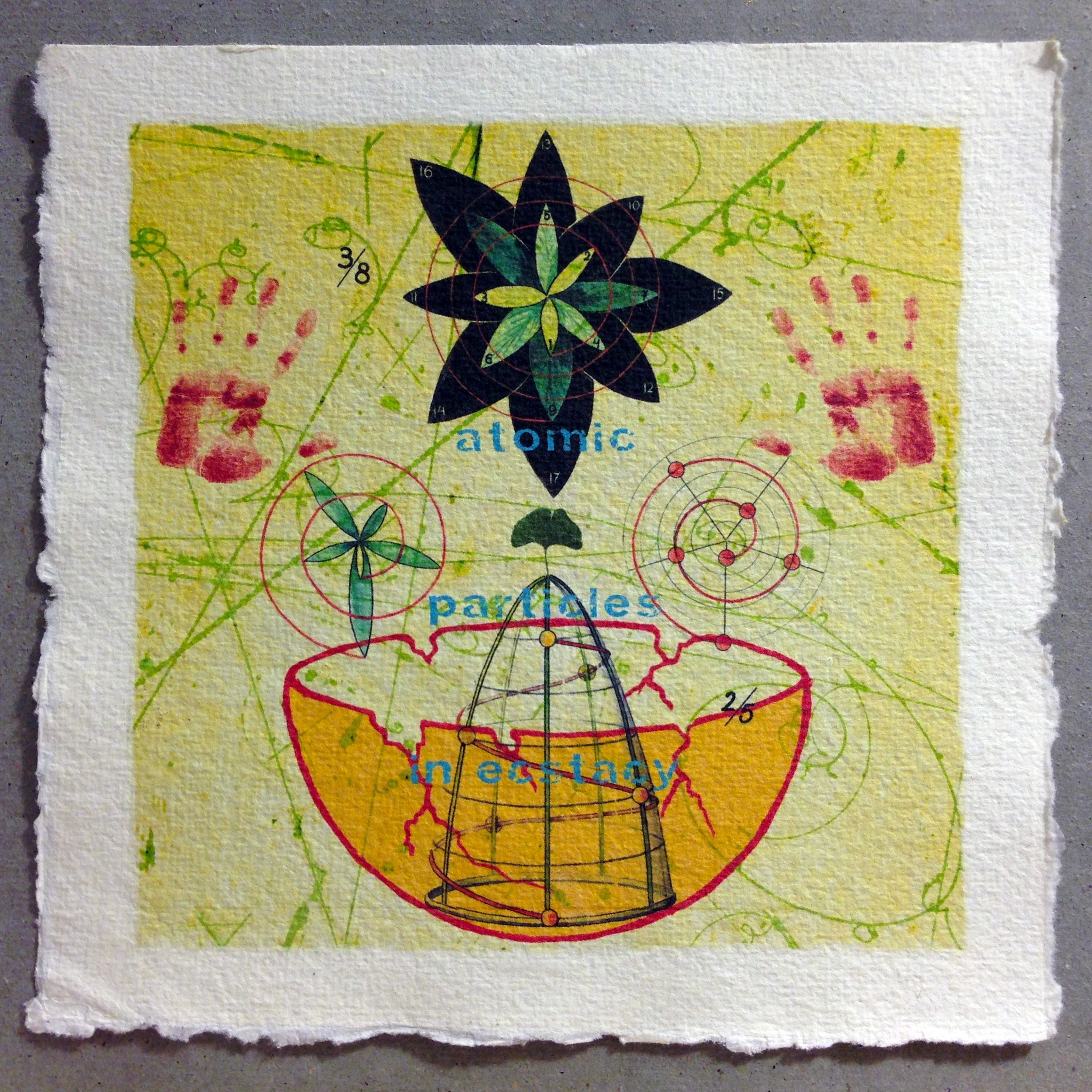 Digital print paper cracked yellow bowl black star flower red handprints magical realism, surrealism