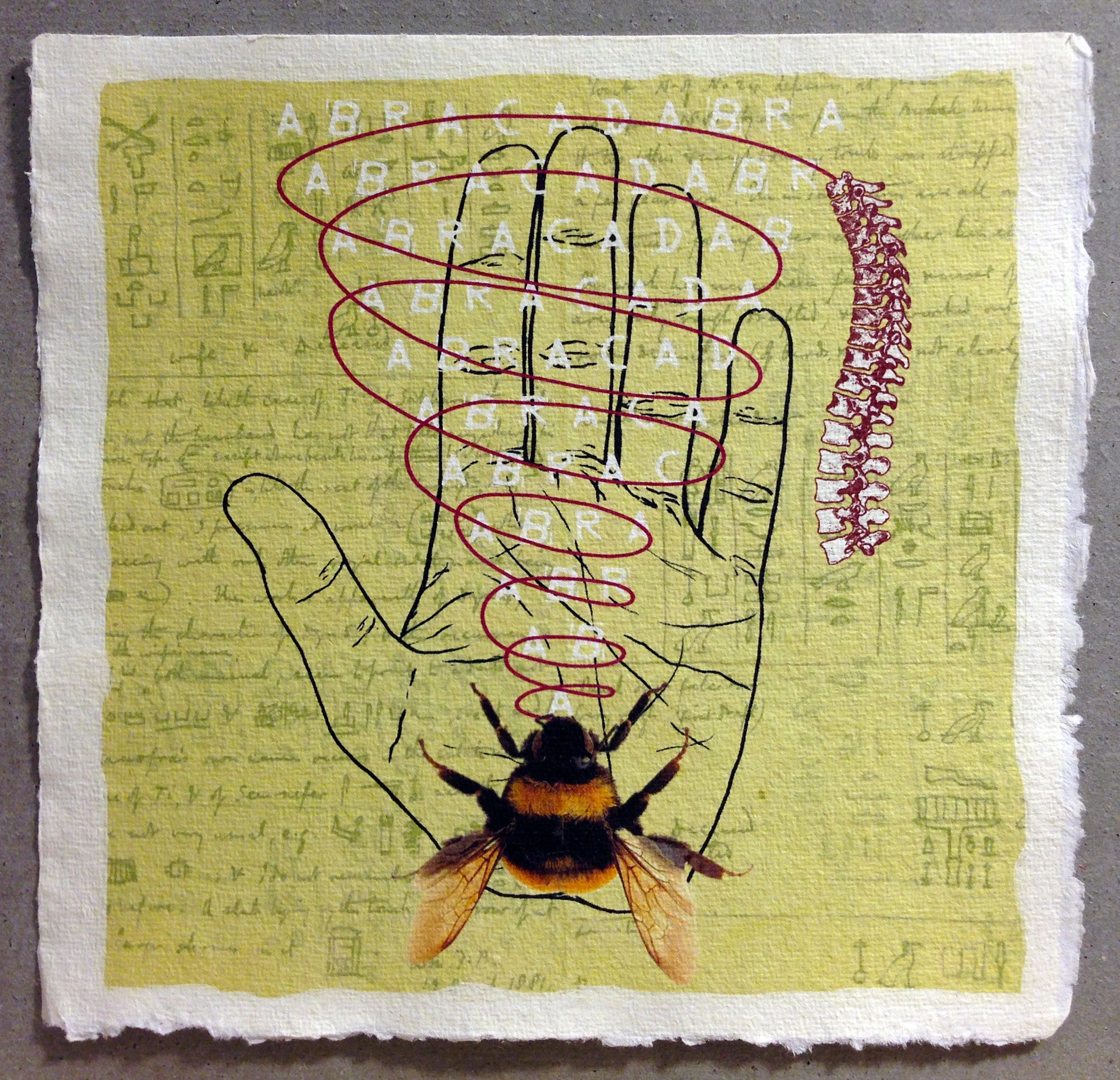 Digital print paper hand bee red spiral spinal column yellow text abracadabra magical surrealism