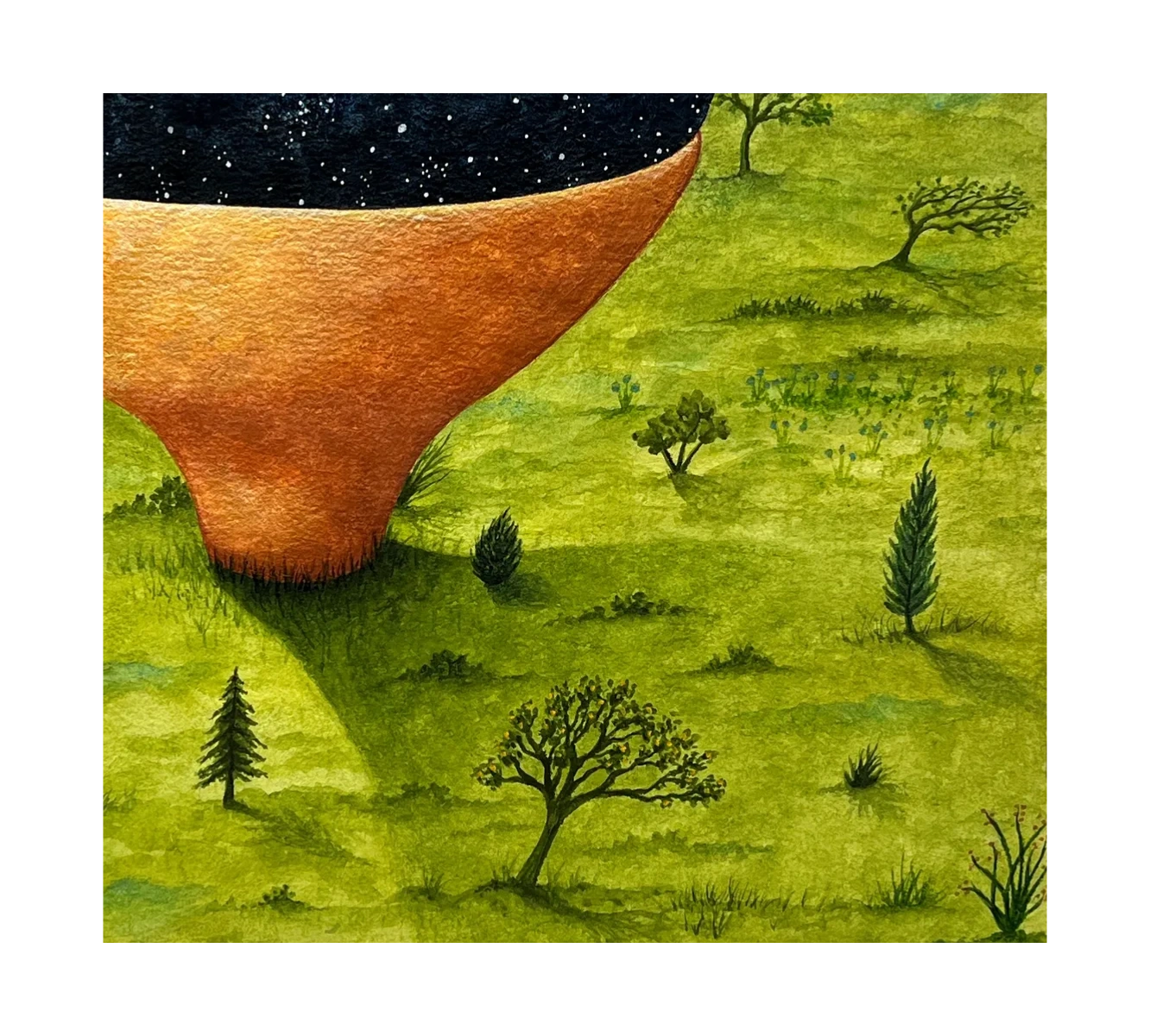 Green Field Trees, Stars pouring into copper bowl , dark atmospheric background, nature, magical rea