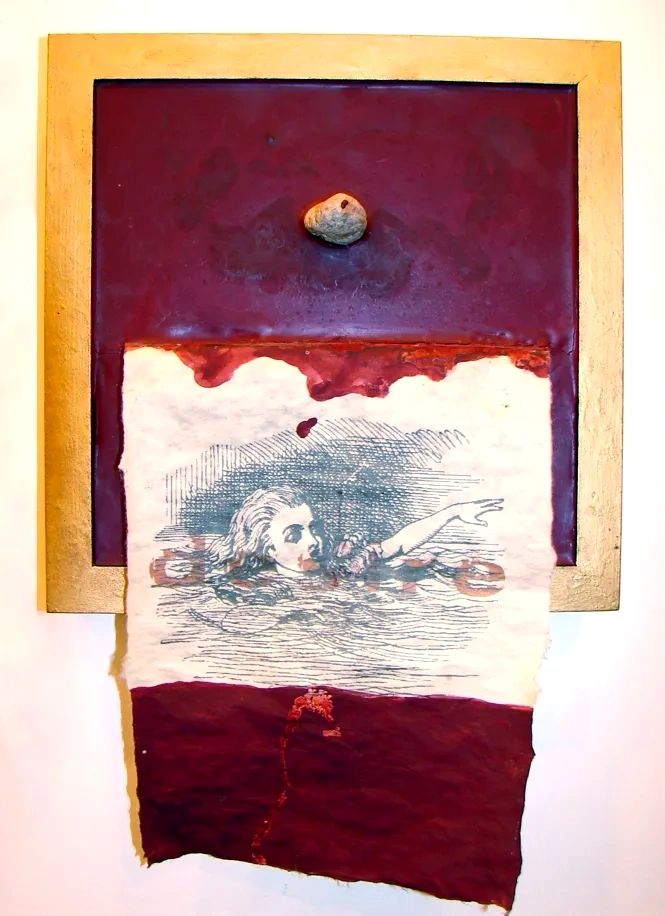 encaustic & oil painting, deep red gold, rock, paper print, magical realism, surrealism, nature