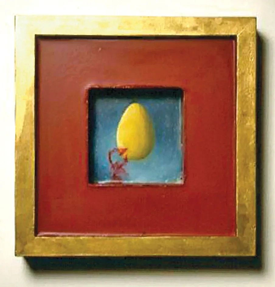 encaustic & oil painting deep red  gold floating egg magical realism surrealism nature
