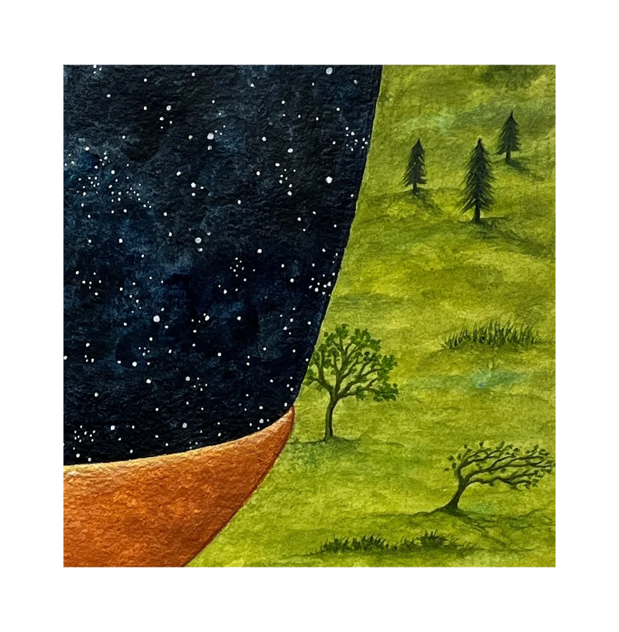 Green Field Trees, Stars pouring into copper bowl , dark atmospheric background, nature, magical rea