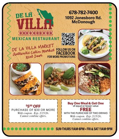 Mexican Restaurant  McDonough
De La Villa Exclusive coupons
