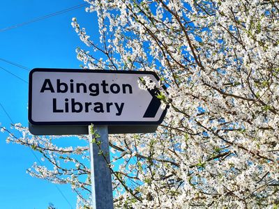 Sign pointing to Abington Library with flowering tree in background.