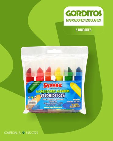 Pack of Sysabe 'Gorditos' jumbo markers for children, featuring 6 vibrant colors and a thick grip fo
