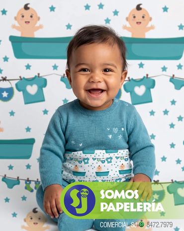 A joyful baby smiling broadly, wearing a blue knitted sweater, positioned in front of a background