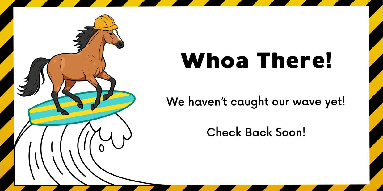 Cartoon horse on surfboard with safety helmet and message.