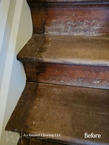 Close-up of worn, dirty wooden stairs before cleaning or restoration.