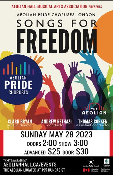 Poster for Songs For Freedom, featuring a group of people in different colours of the rainbow