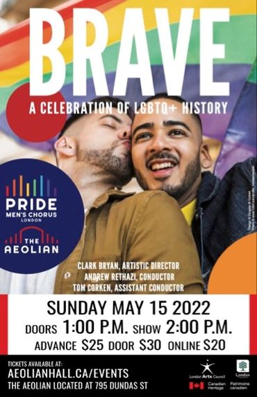 Poster for Brave: A Celebration of LGBTQ+ History featuring a gay couple kissing under a rainbow fla