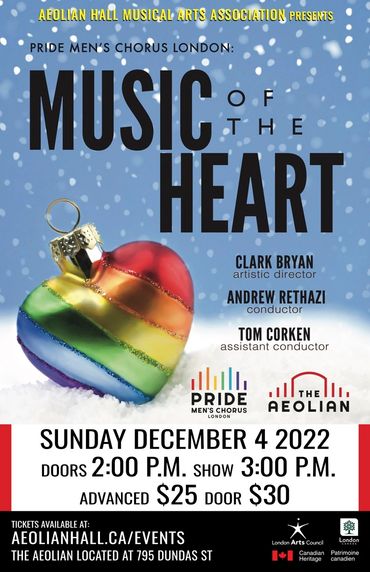Poster for Music of the Heart concert featuring a rainbow coloured heart ornament in the snow